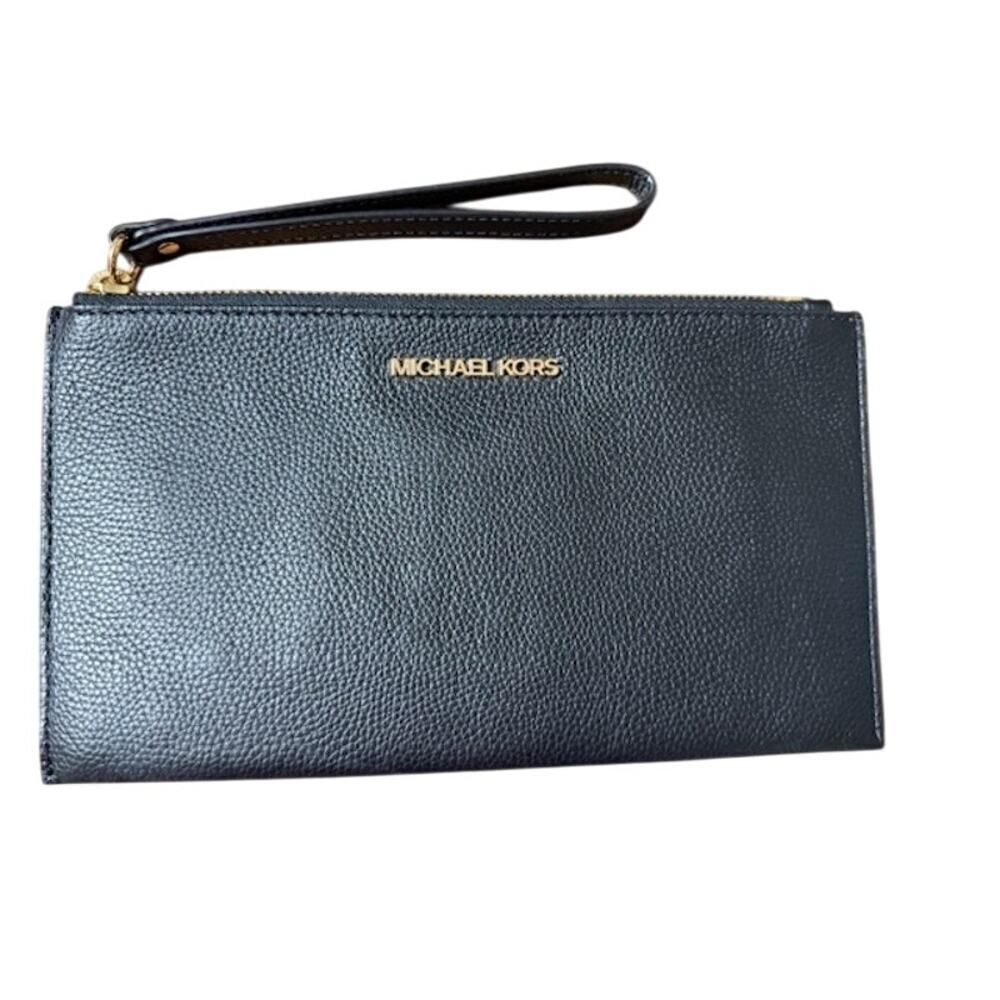 Michael Kors Large Pebble Leather Zip Wristlet Clutch Black Gold